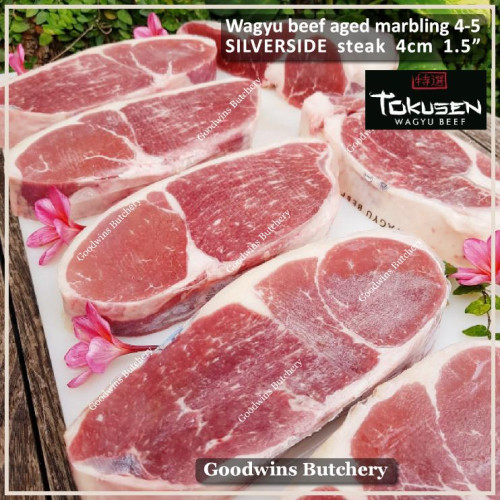 Beef SILVERSIDE Wagyu Tokusen marbling 4-5 aged frozen portioned STEAK CUTS 4cm 1.5" (price/pc 1kg)